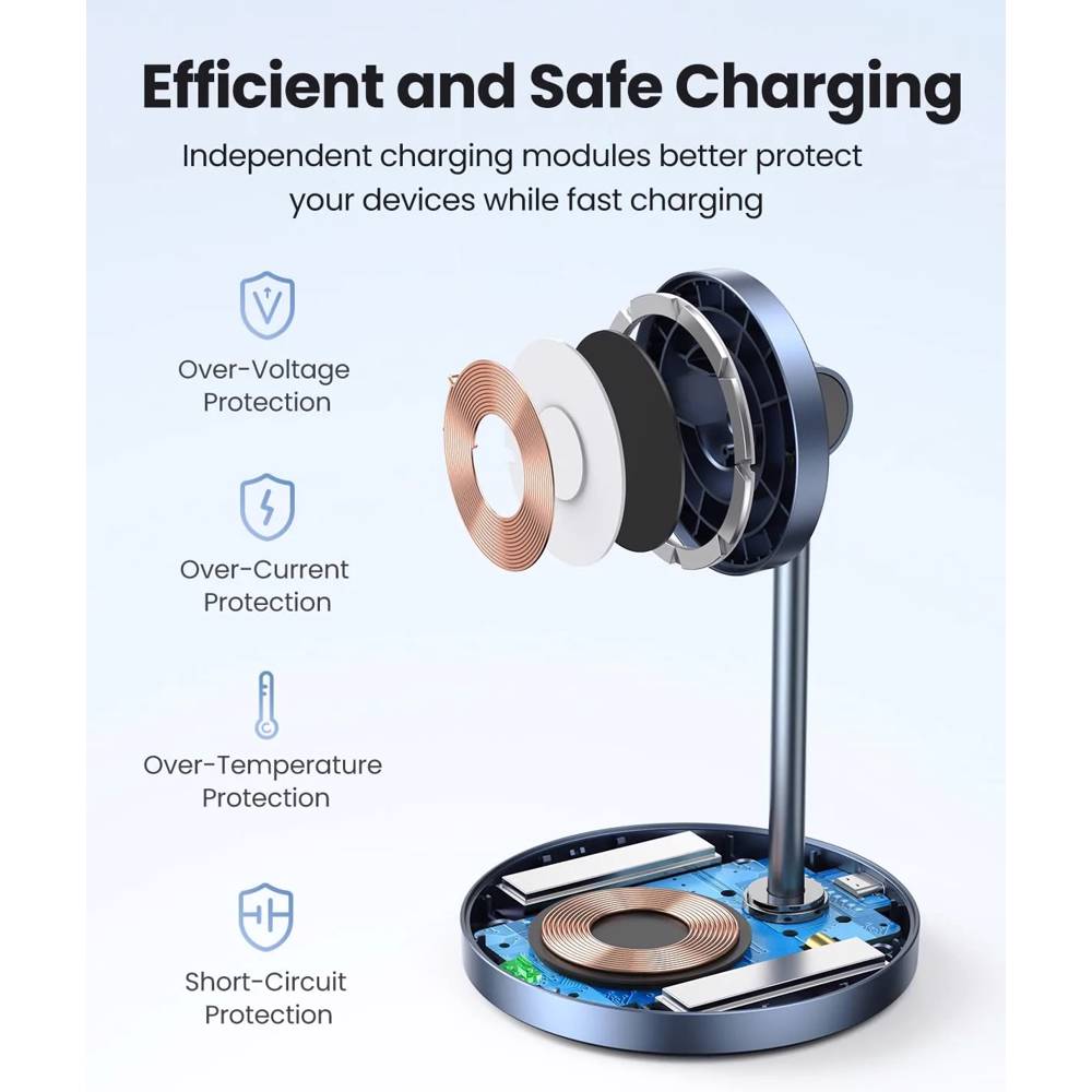 უსადენო დამტენი UGREEN CD317 (90668), 2-in-1 MagSafe Magnetic Wireless Charger, Black/Blue